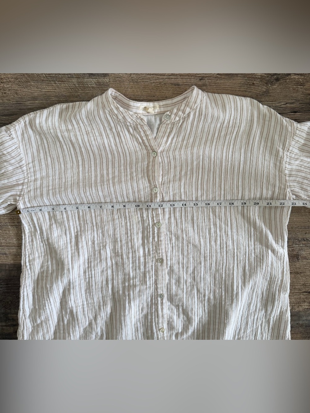 Eileen Fisher (M) Organic Cotton Mandarin Collar 3/4 sleeve Neutral Oat Stripe - Picture 6 of 10